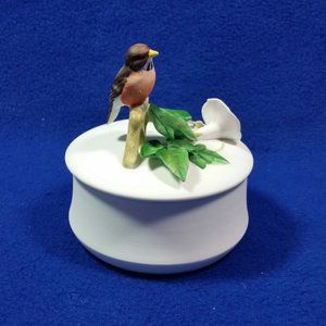Otagiri Robin and Morning Glory Flower With Leaves Round Trinket Box